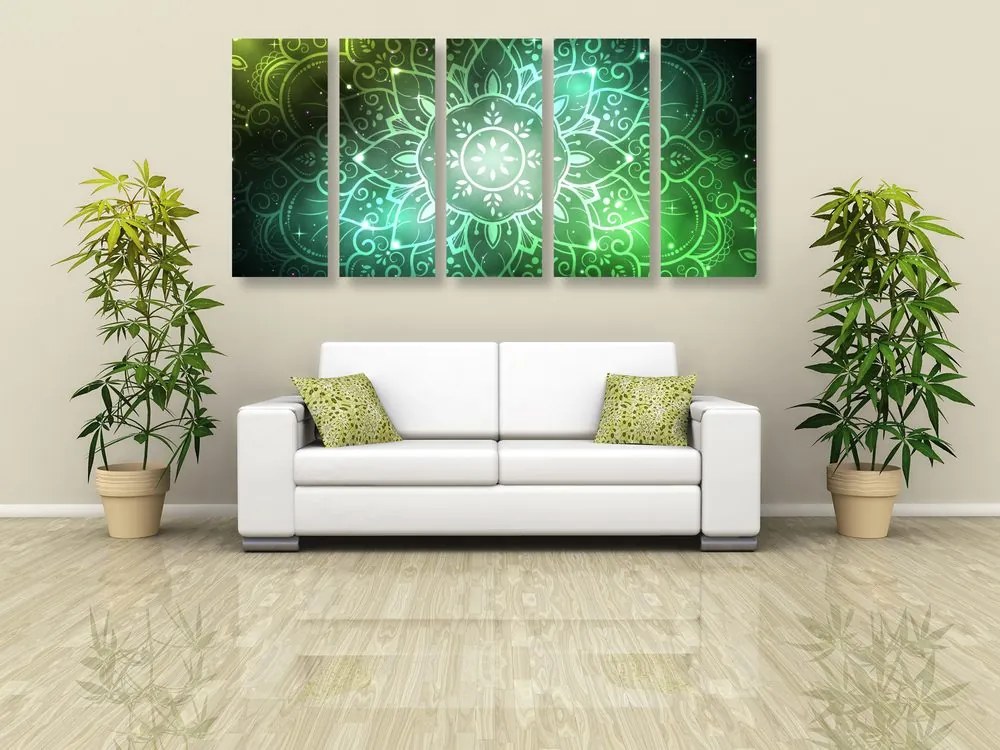 Quadri 5 pezzi – Mandala con sfondo galattico in tonalità di verde