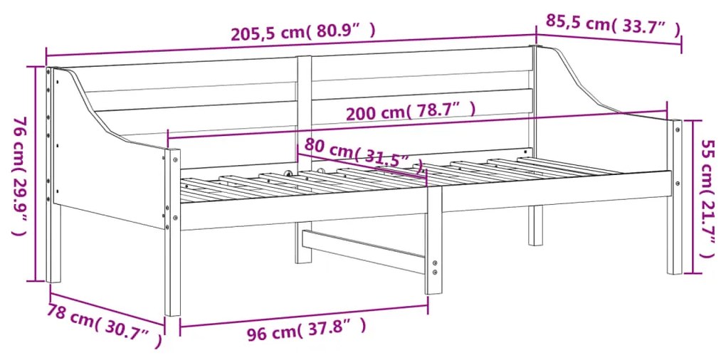 Dormeuse Marrone Cera 80x200 cm in Legno Massello di Pino