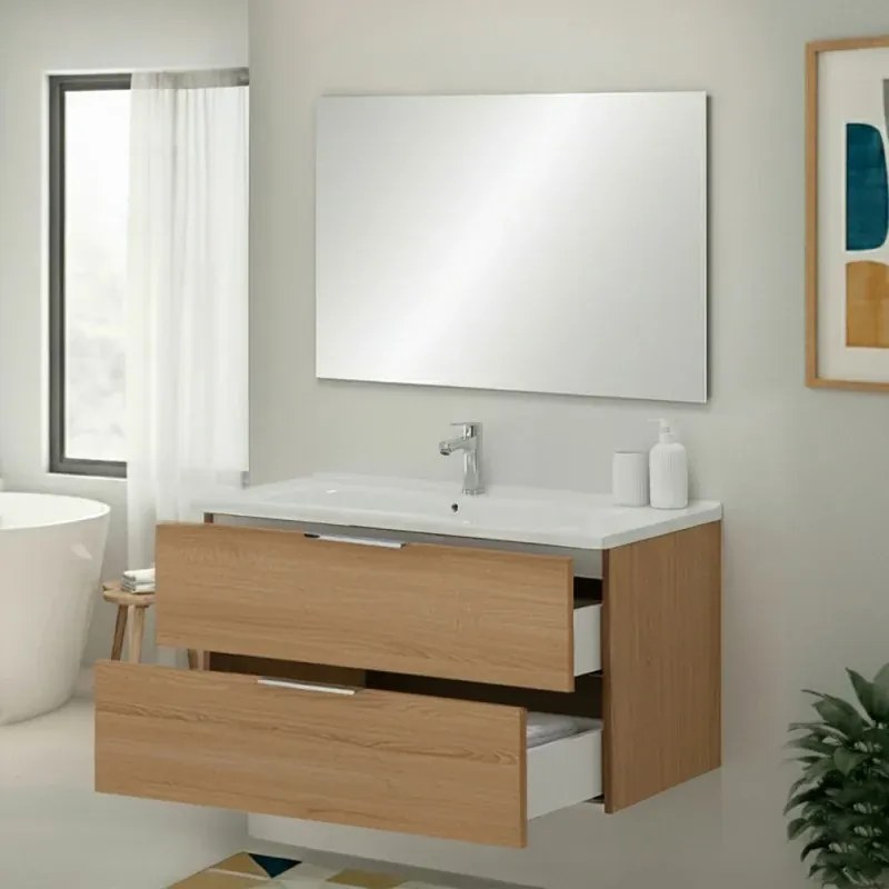 Mobile bagno sospeso 100cm rovere con cassetti lavabo e specchio Elva