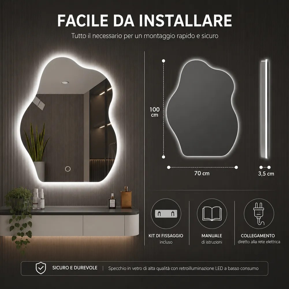 Specchio Forma Ondulata da Parete 50x70cm con LED 3 Colori Accensione Touch...