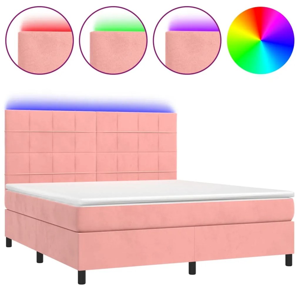 Letto a molle con materasso e led rosa 180x200 cm in velluto