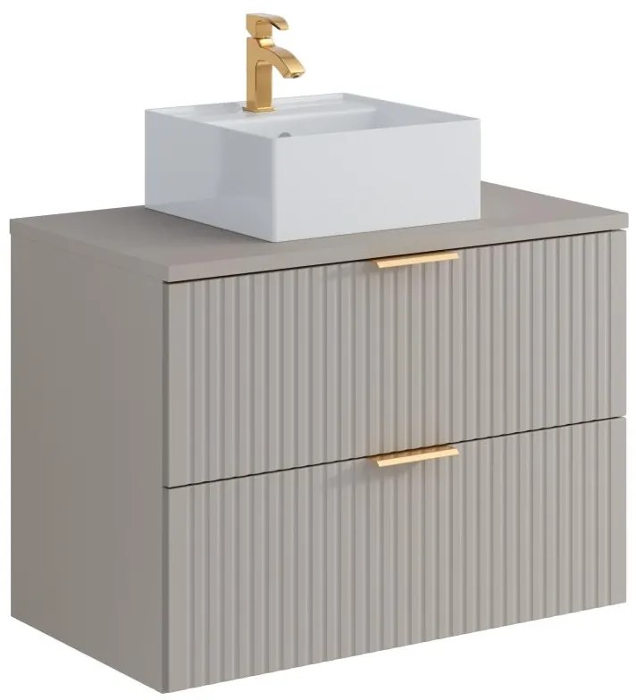 Mobile per bagno sospeso con scanalature e lavabo da appoggio quadrato 80 cm Beige - ZEVARA
