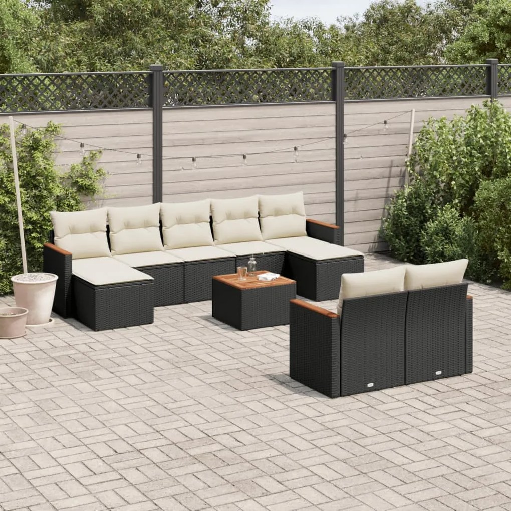 Set divani da giardino 10pz con cuscini in polyrattan nero