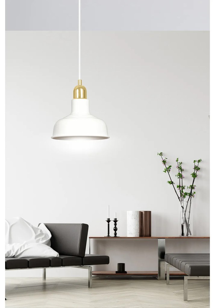 Sospensione Industrial 1 Luce Kubera In Acciaio Bianco Con Elementi In Oro