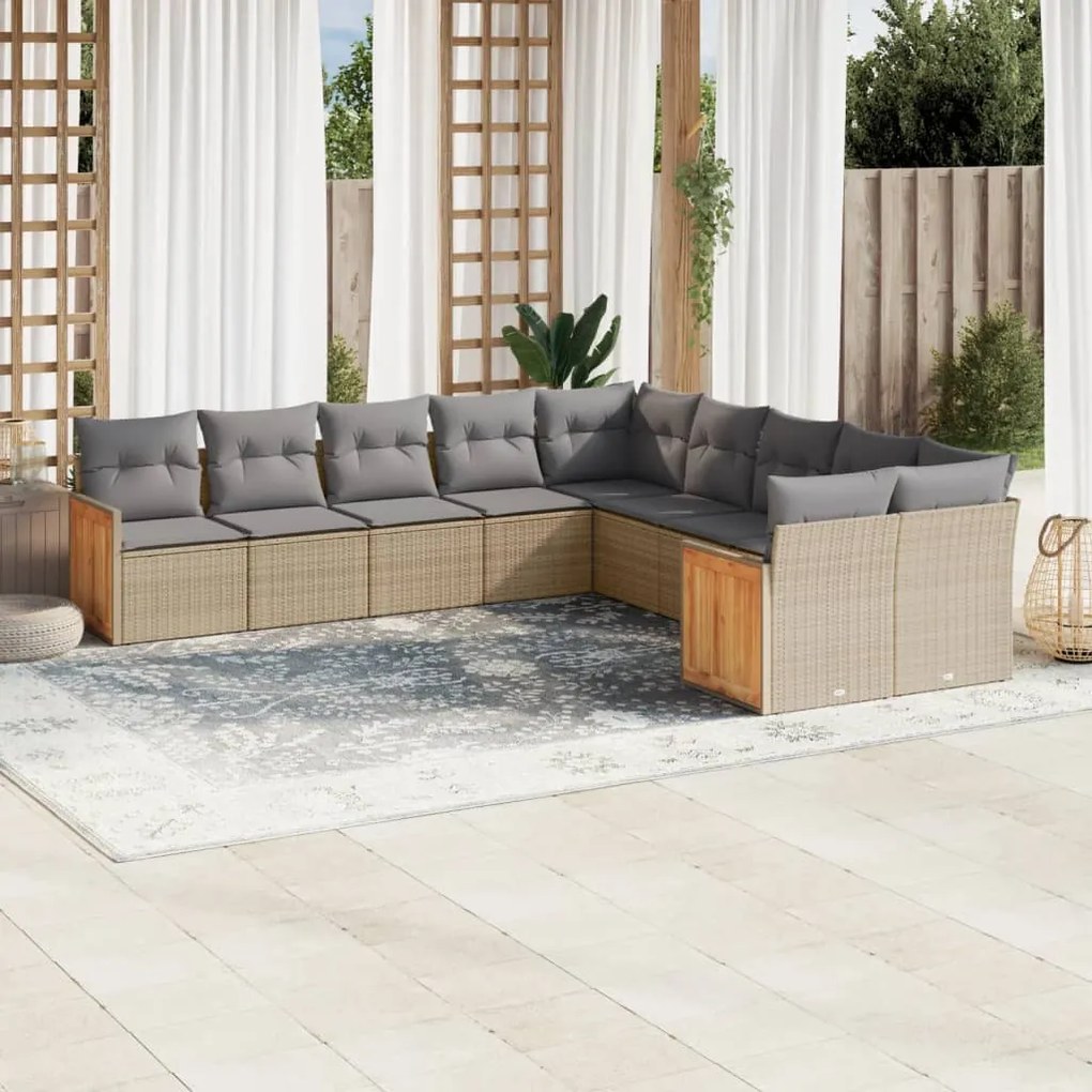 Set Divano da Giardino 10 pz con Cuscini Beige in Polyrattan