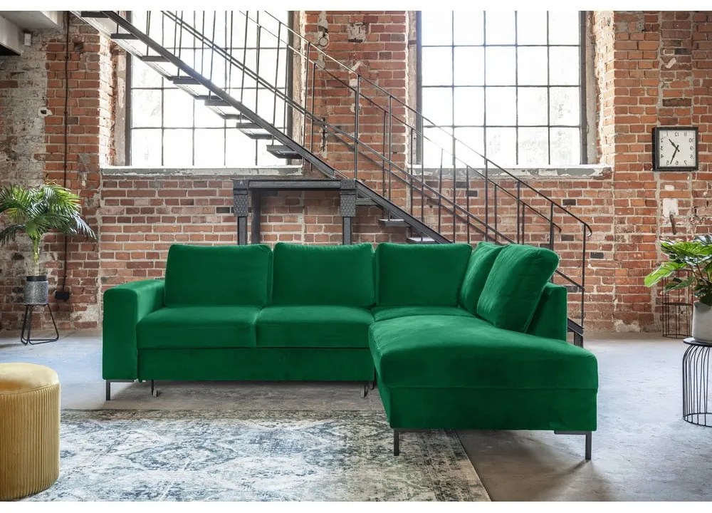 Divano letto angolare in velluto verde scuro (angolo destro) Lofty Lilly - Miuform