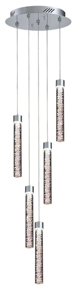 Lampadario A Sospensione Moderno Crackle 5 Luci Metallo Cromo Vetro Led 24 W