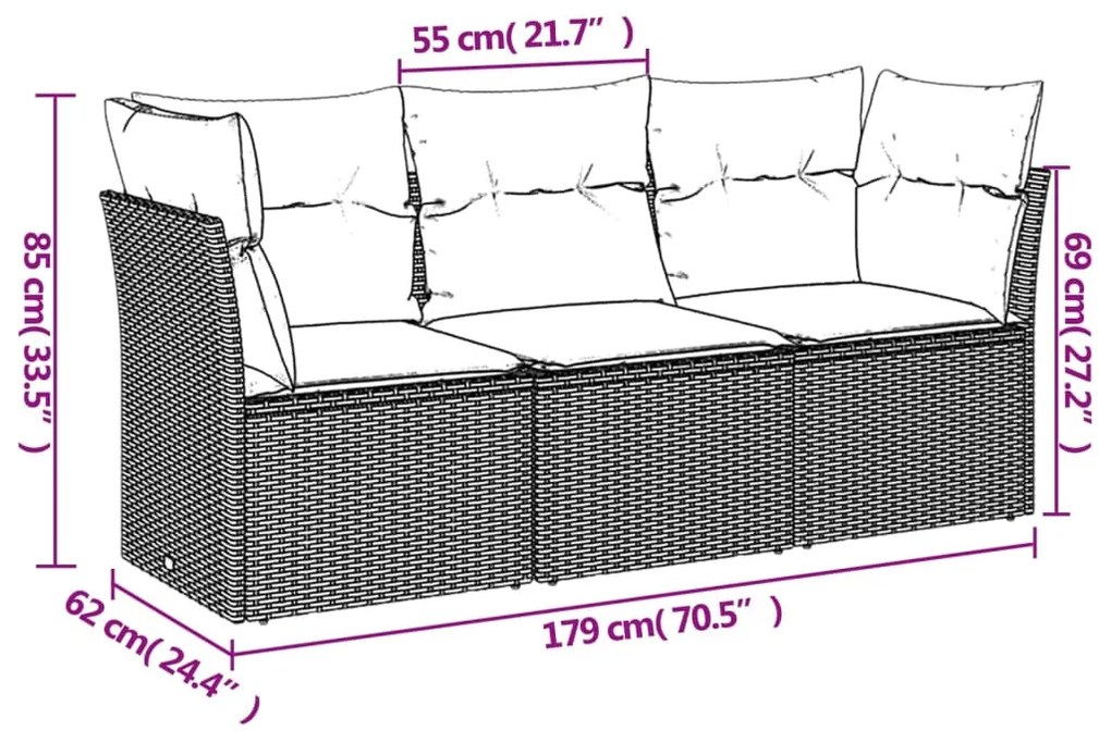 Set divani da giardino 3 pz con cuscini in polyrattan nero