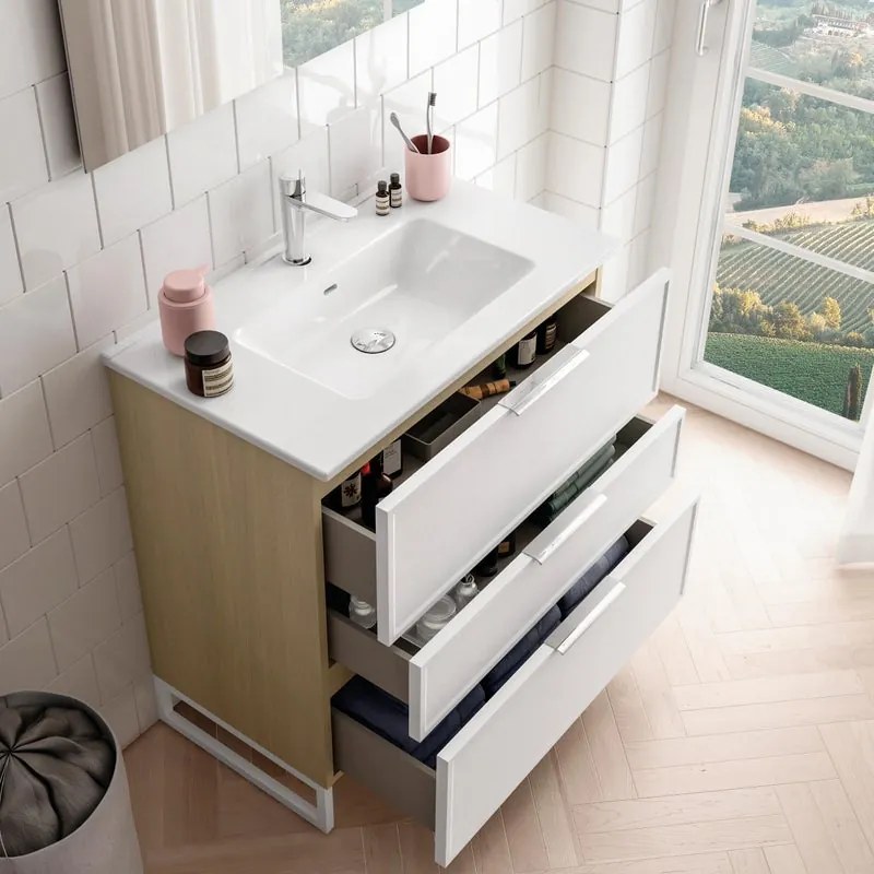 Mobile sottolavabo e lavabo Quadra natura/bianco in mdf L 80 x H 93 x P 46 cm 3 cassetti