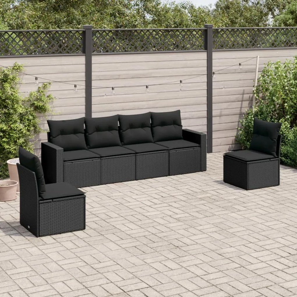 Set divano da giardino 6 pz con cuscini nero in polyrattan