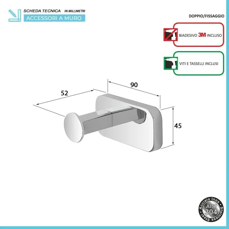 Set 2 appendini portasciugamani in acciaio inox cromo con doppio fissaggio Cubik