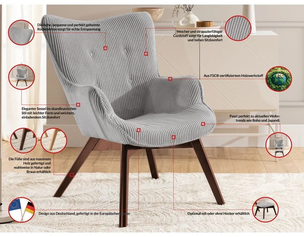 Poltrona con poggiapiedi grigia con rivestimento in velluto a coste Niko – Ropez