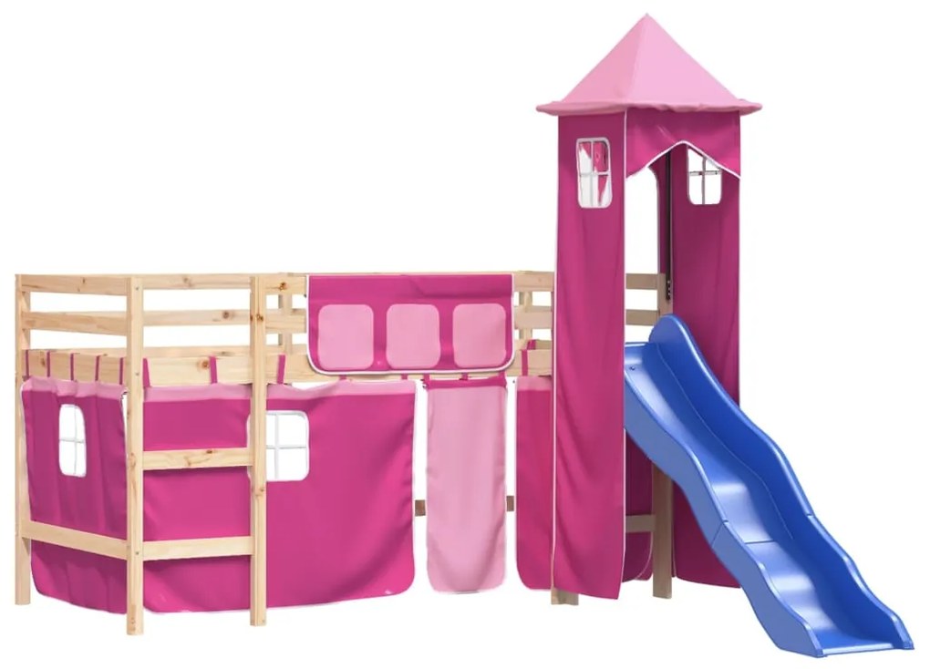 Letto a soppalco con torre bambini rosa 80x200cm massello pino