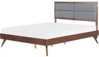 Letto Legno Scuro Rete a Doghe Testiera Imbottita Grigia 160 x 200 cm