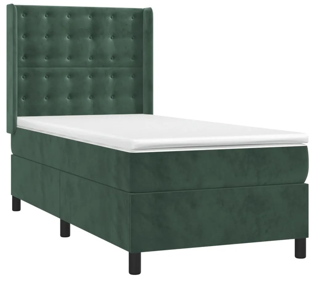 Letto a molle con materasso e led verde scuro 90x190 cm velluto