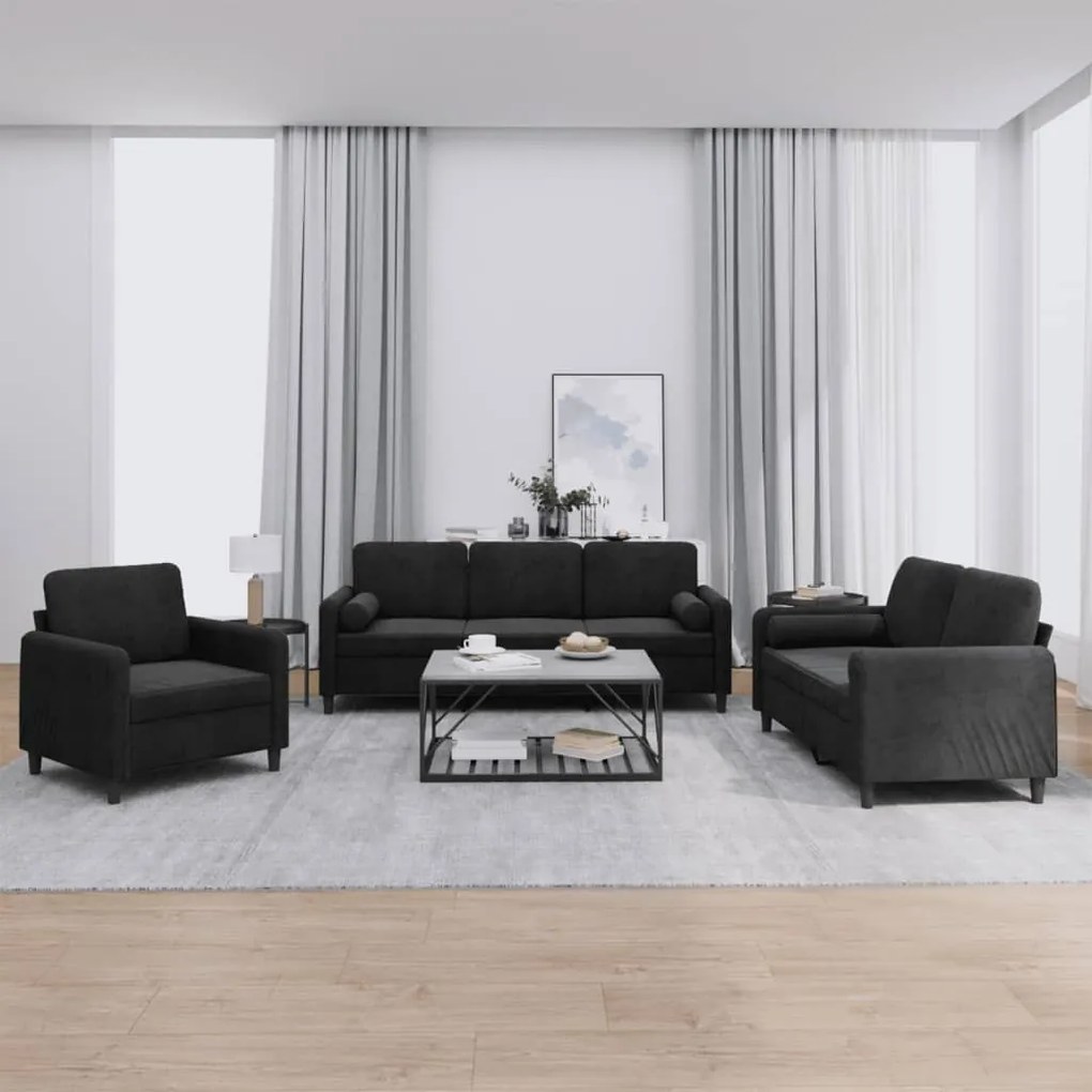 Set Di Divani 3 Pz Con Cuscini Nero İn Velluto /