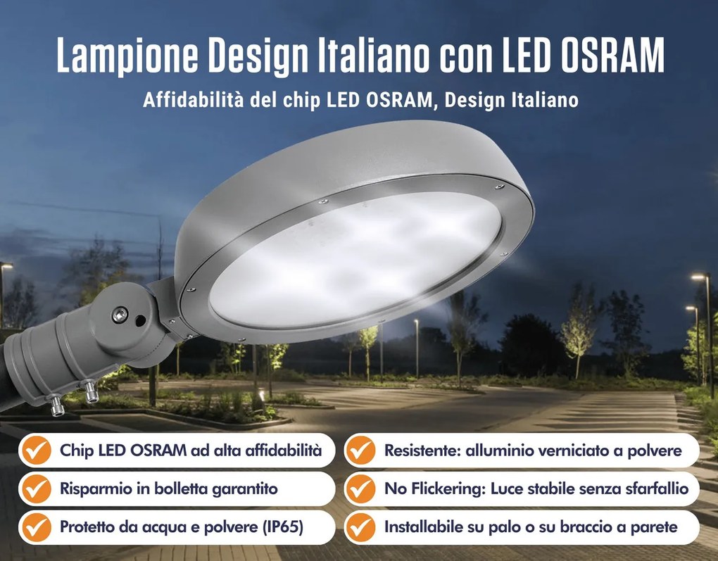 Lampione Stradale LED 40W 147lm/W - Osram chip LED Colore Bianco Caldo 3.000K