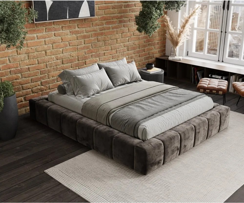 Letto matrimoniale imbottito marrone con spazio contenitivo e rete 160x200 cm Aruba L - Maison de Rêve