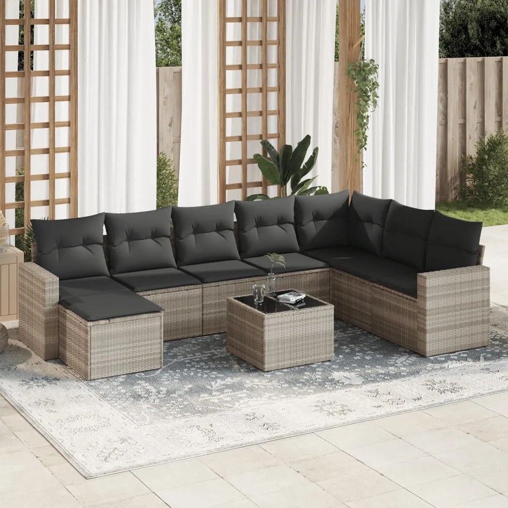 Set divano da giardino 9pz con cuscini grigio chiaro polyrattan