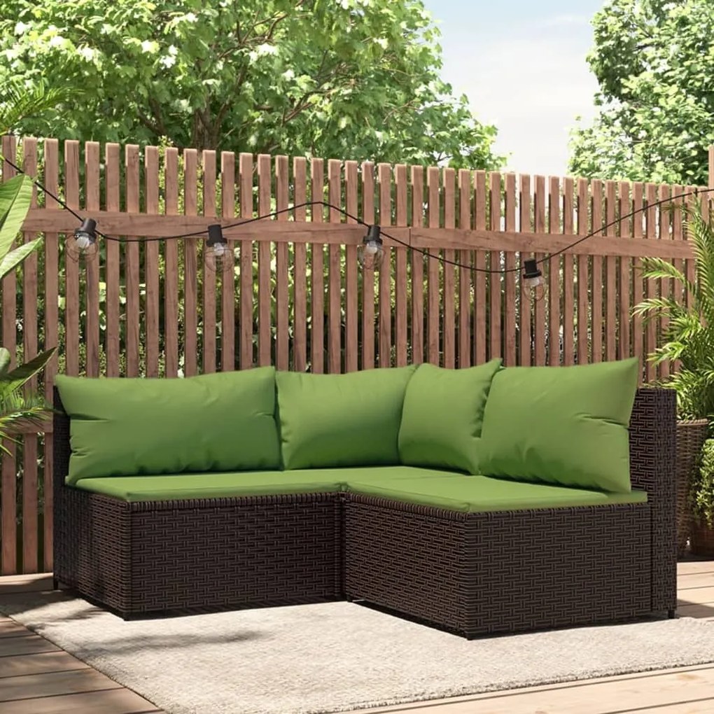 Set mobili da giardino 3 pz con cuscini in polyrattan marrone