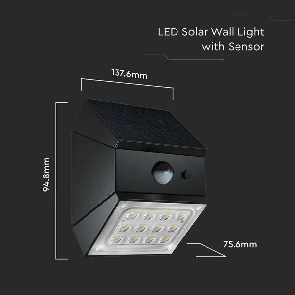 Lampada solare da parete a LED con sensore, 2,5 W / 3,7 V, IP65, 1200 mAh, nera