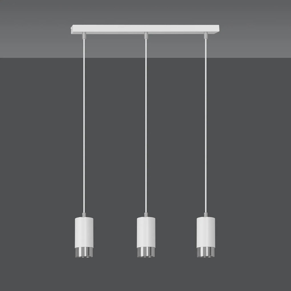 Lampadario 3 Luci Ivar Con Cilindri In Acciaio Bianco E Cromo