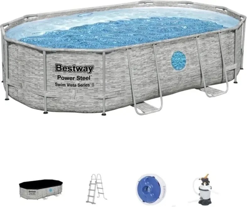 Piscina fuori terra con struttura ovale Bestway power steel swim vista' con oblo' effetto pietra 488x305x107 cm