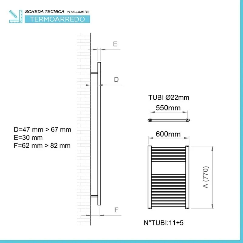 Termoarredo scaldasalviette verticale bianco L 60x77 interasse 55 cm