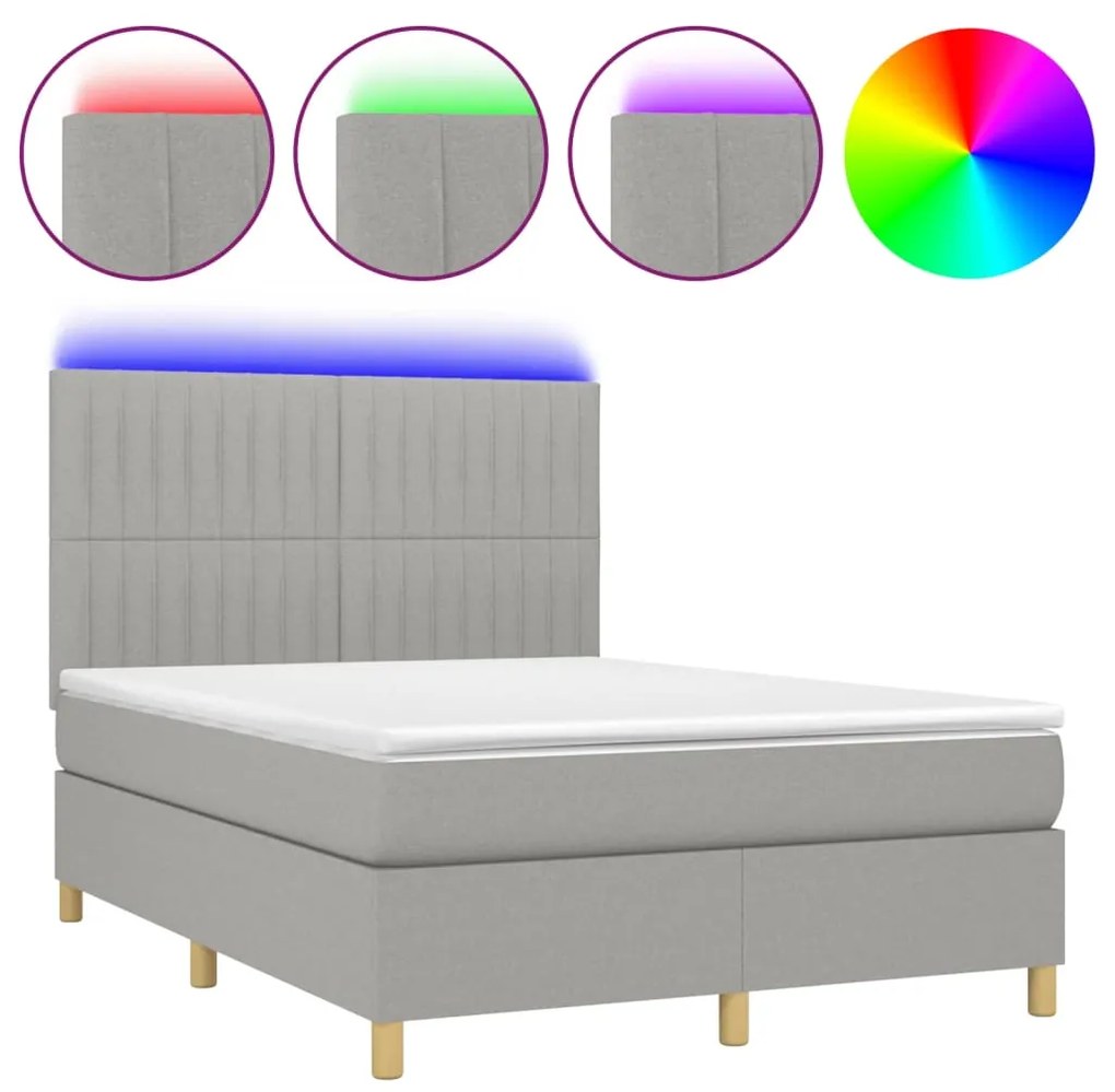 Letto a molle materasso e led grigio chiaro 140x190 cm tessuto