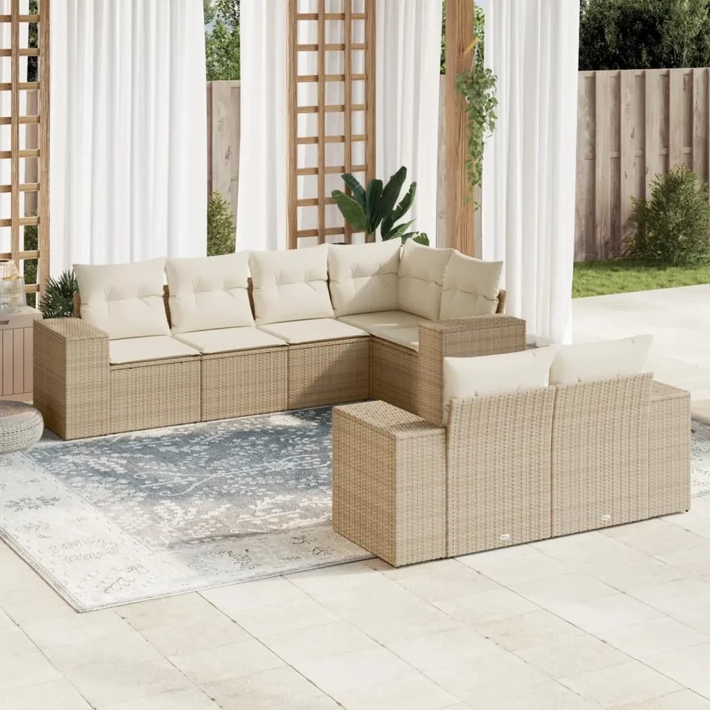 Set Divani da Giardino 7 pz con Cuscini Beige in Polyrattan