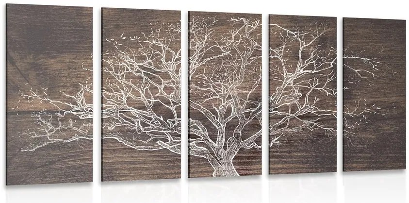 Quadri 5 pezzi – Corona dell'albero su sfondo di legno