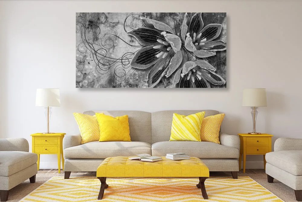 Quadro su tela – Fiori con perle in bianco e nero