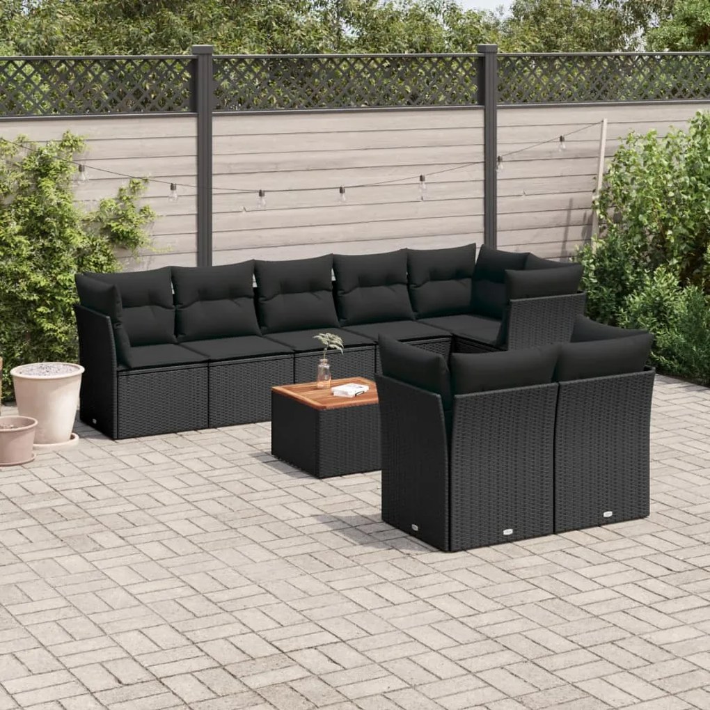 Set divani da giardino 9 pz con cuscini nero in polyrattan