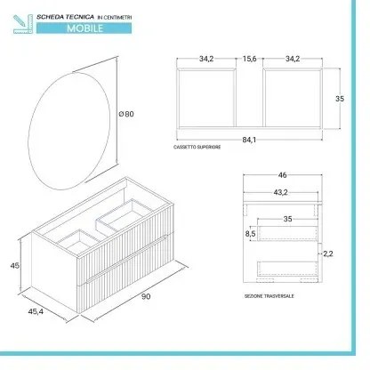 Mobile bagno sospeso cannettato 90 cm rovere chiaro con specchio Bali
