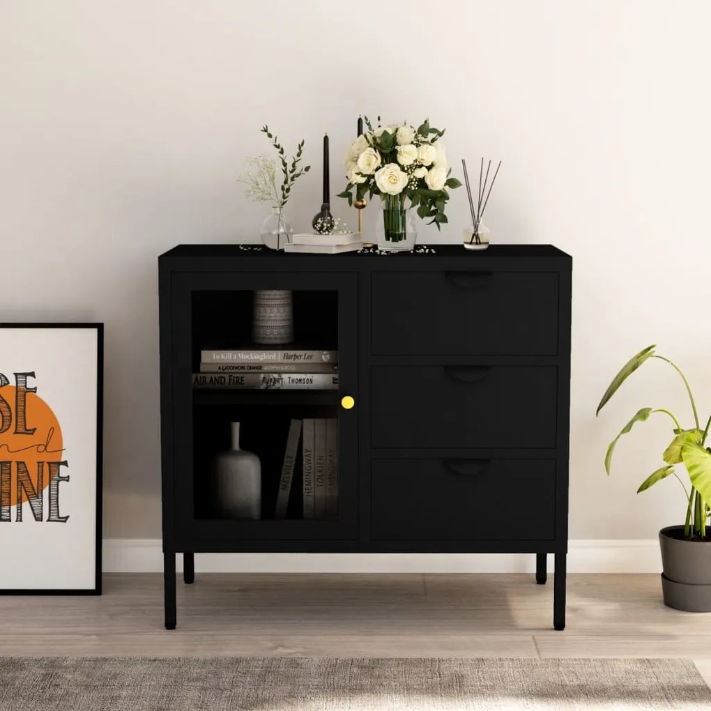 Credenza Nera 75x35x70 Cm İn Acciaio E Vetro Temperato /