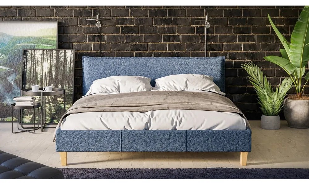 Letto matrimoniale imbottito blu con griglia 160x200 cm Tina - Ropez