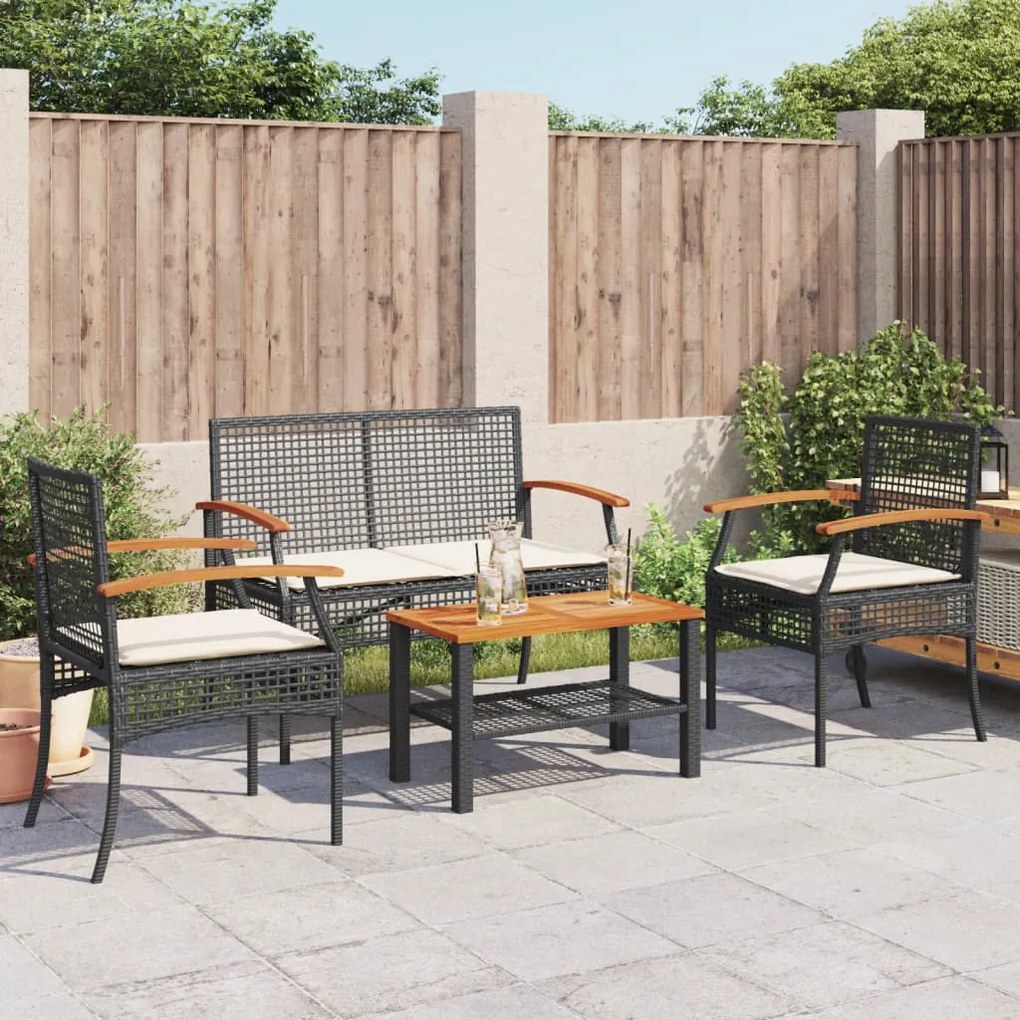 Set divani da giardino 4 pz con cuscini nero in polyrattan