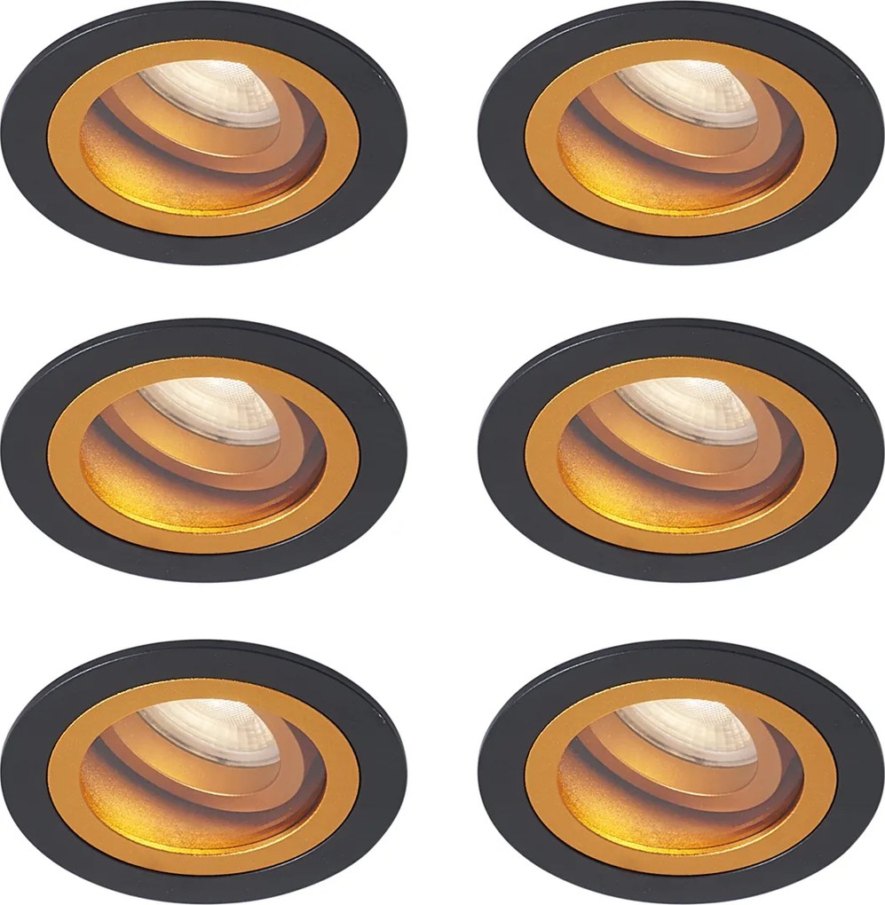 Set di 6 faretti da incasso moderni neri con oro orientabili e inclinabili IP44 - Chuck