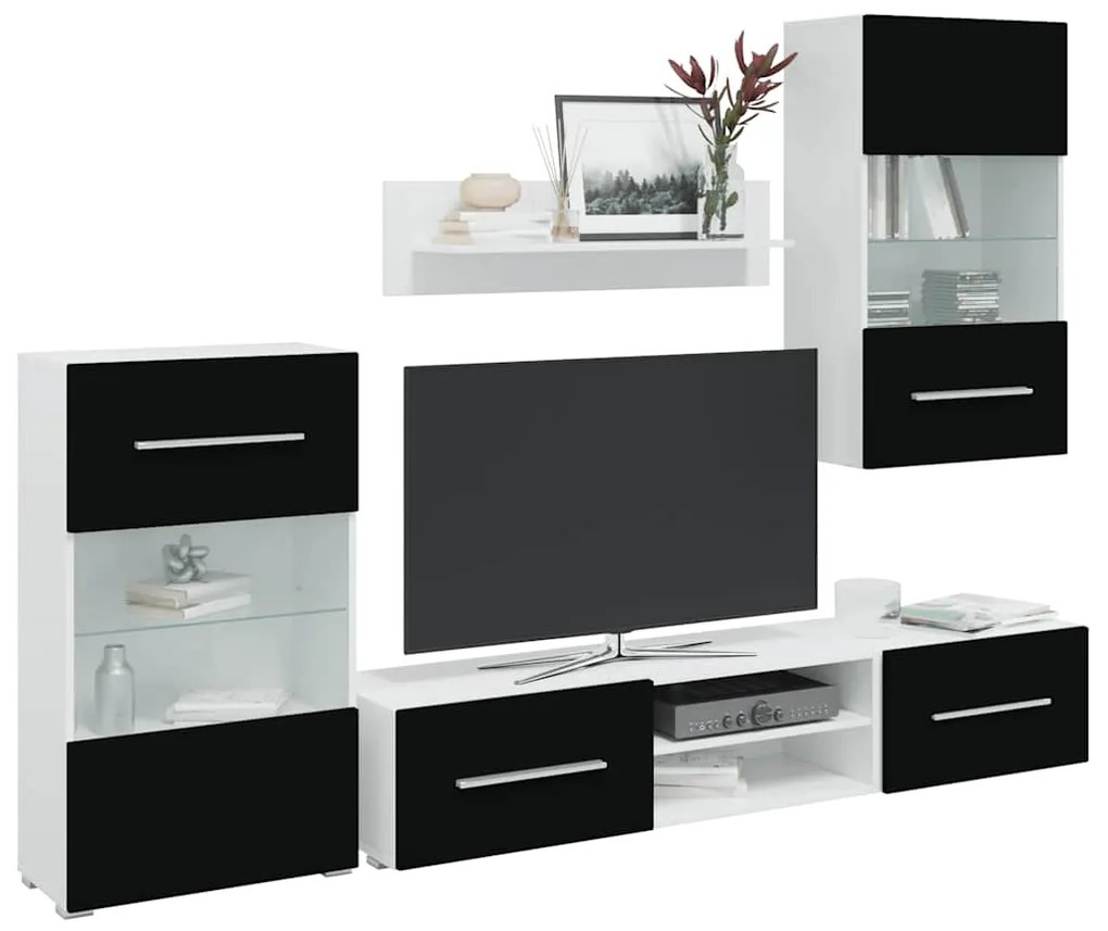 Mobili Con Vetrina Parete Unità Tv 5 Pz Con Luci Led Nero /