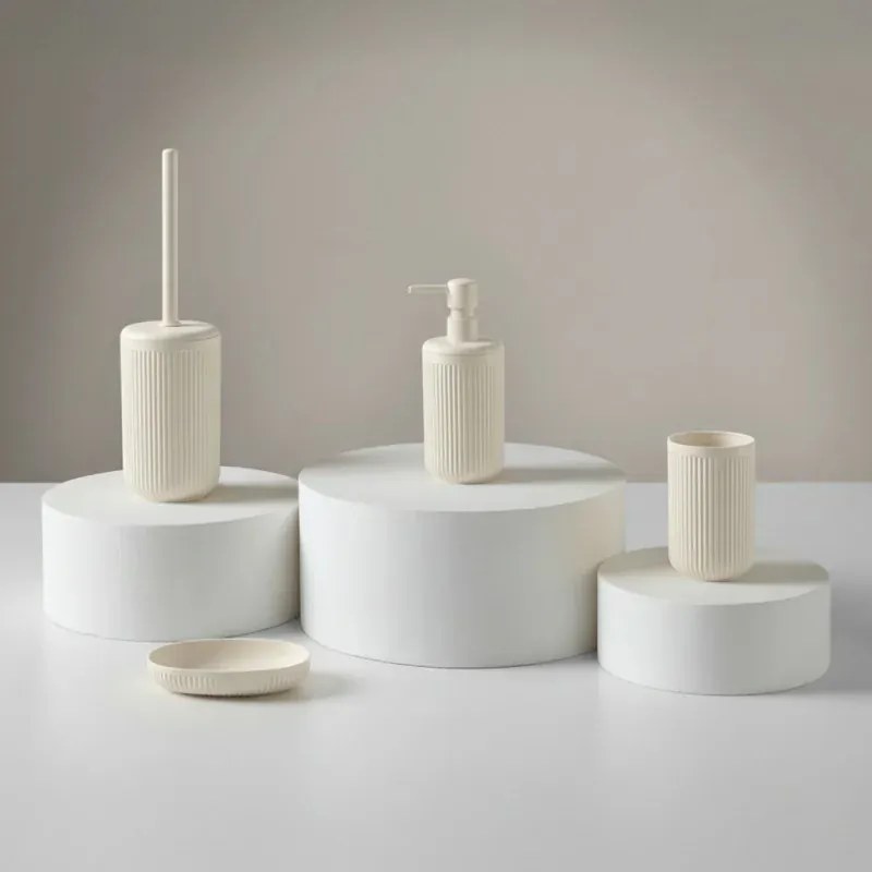 Set accessori bagno 2 pz con dispenser e portaspazzolino bianco crema cannettato Arizona