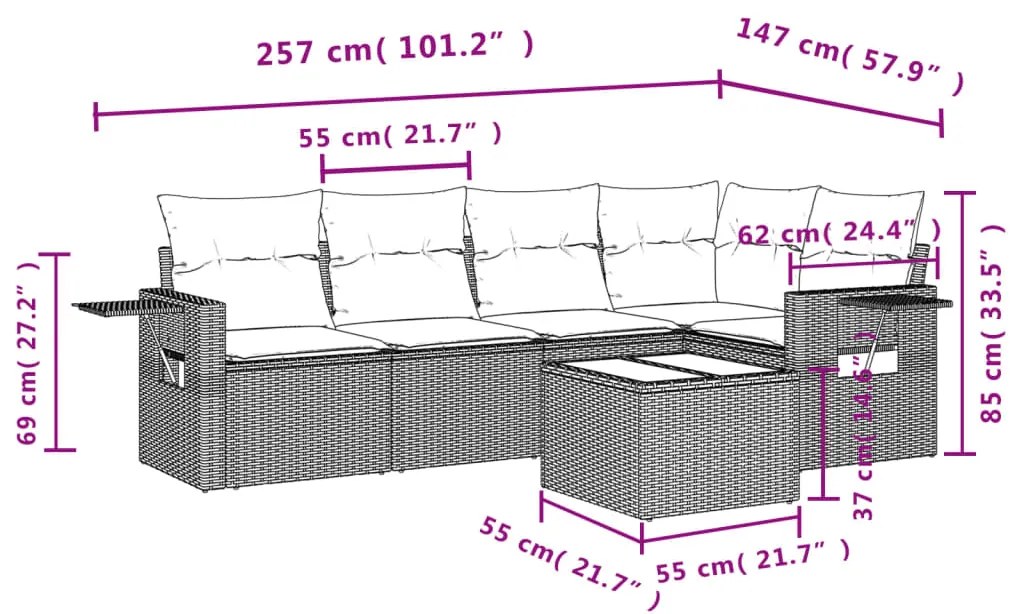 Set divano da giardino 6 pz con cuscini grigio in polyrattan