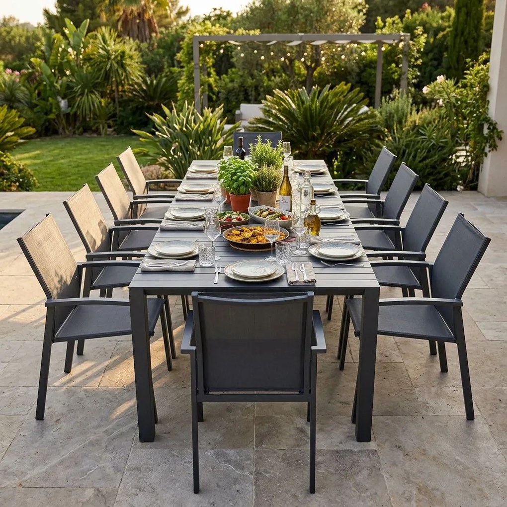 ARIZONA - set tavolo in alluminio cm 85 x 51,50/104/156/208/260 x 74 h con 10 poltrone Lotus