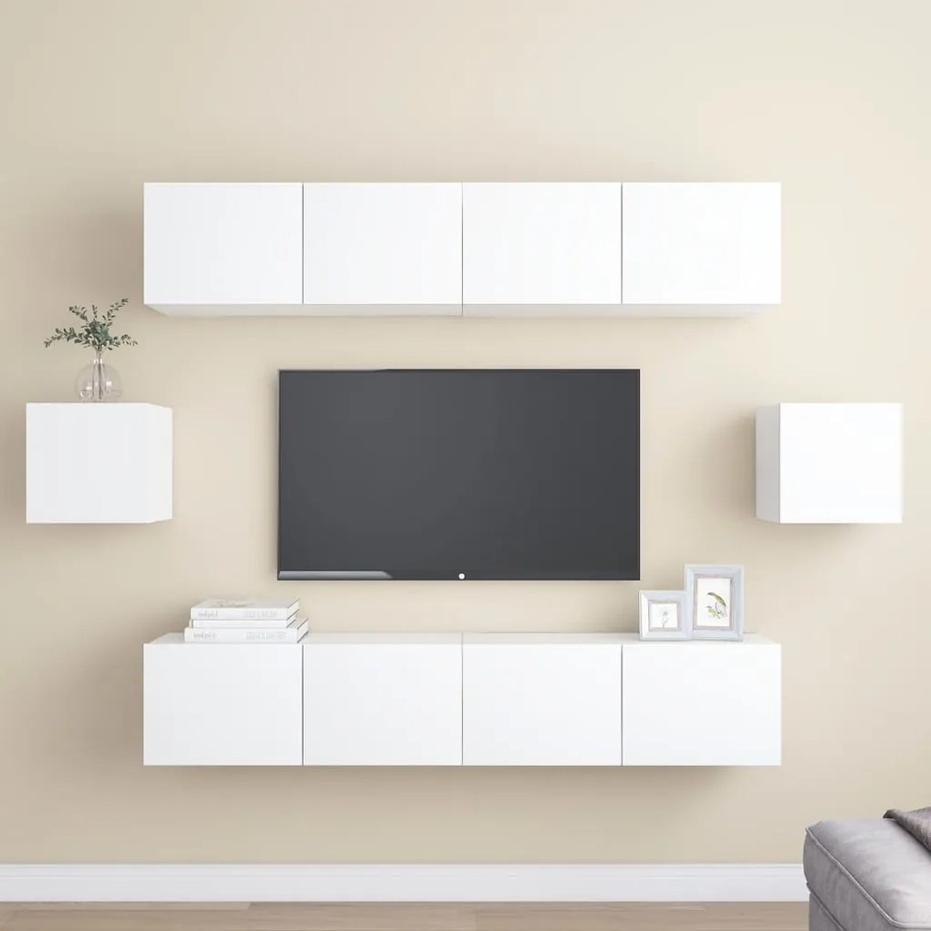 Set Mobili Porta Tv 6 Pz Bianco İn Legno Multistrato /