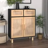 Credenza Nera 60x30x75 cm Legno Massello Pino e Rattan Naturale cod mxl 9960