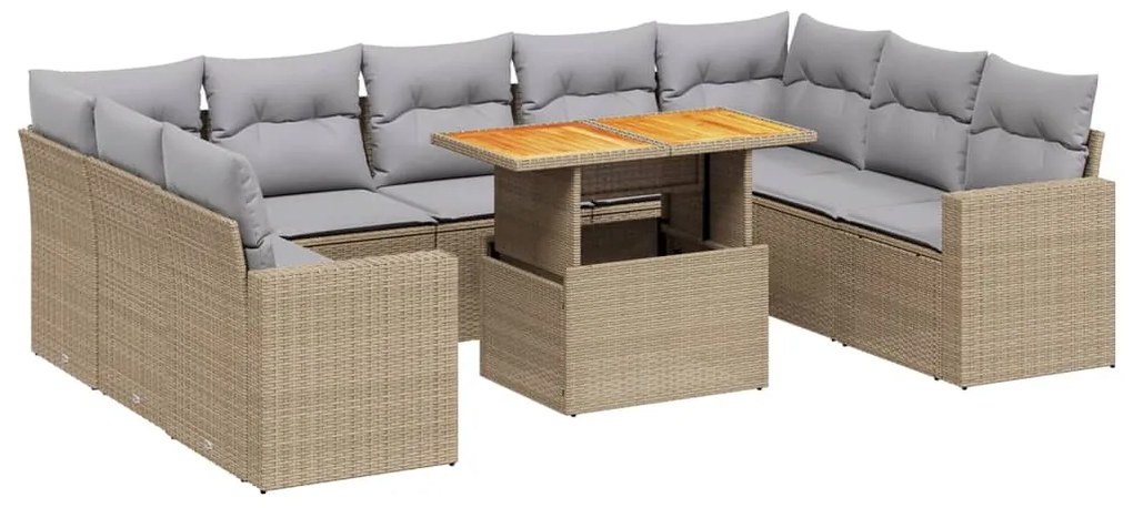 Set divano da giardino 10 pz con cuscini beige in polyrattan