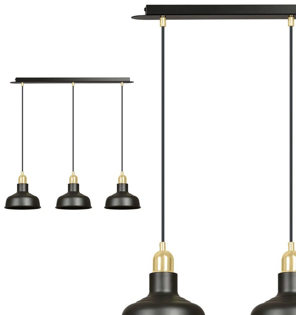 Lampadario Industrial 3 Luci Kubera In Acciaio Nero Con Elementi In Oro
