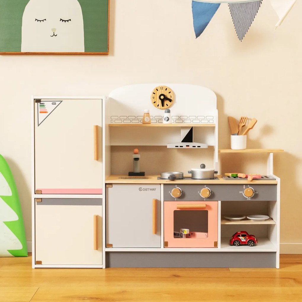 Costway Cucina giocattolo per bambini 3 anni+ con frigorifero, Set da cucina in legno con lavandino e utensili da cucina