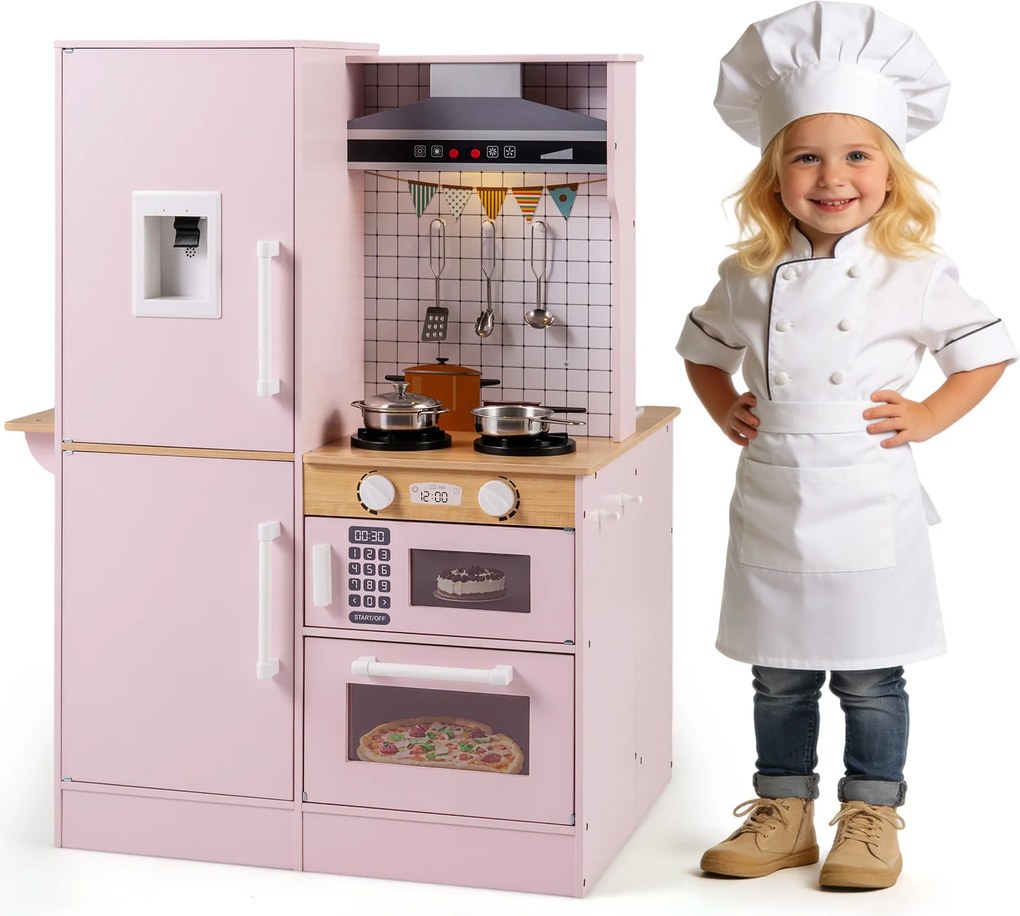 Costway Cucina giocattolo bambini bifacciale legno acqua cappa microonde utensili, Cucina giocattolo luci suoni imitazione bambini 3+ anni 2 Colori