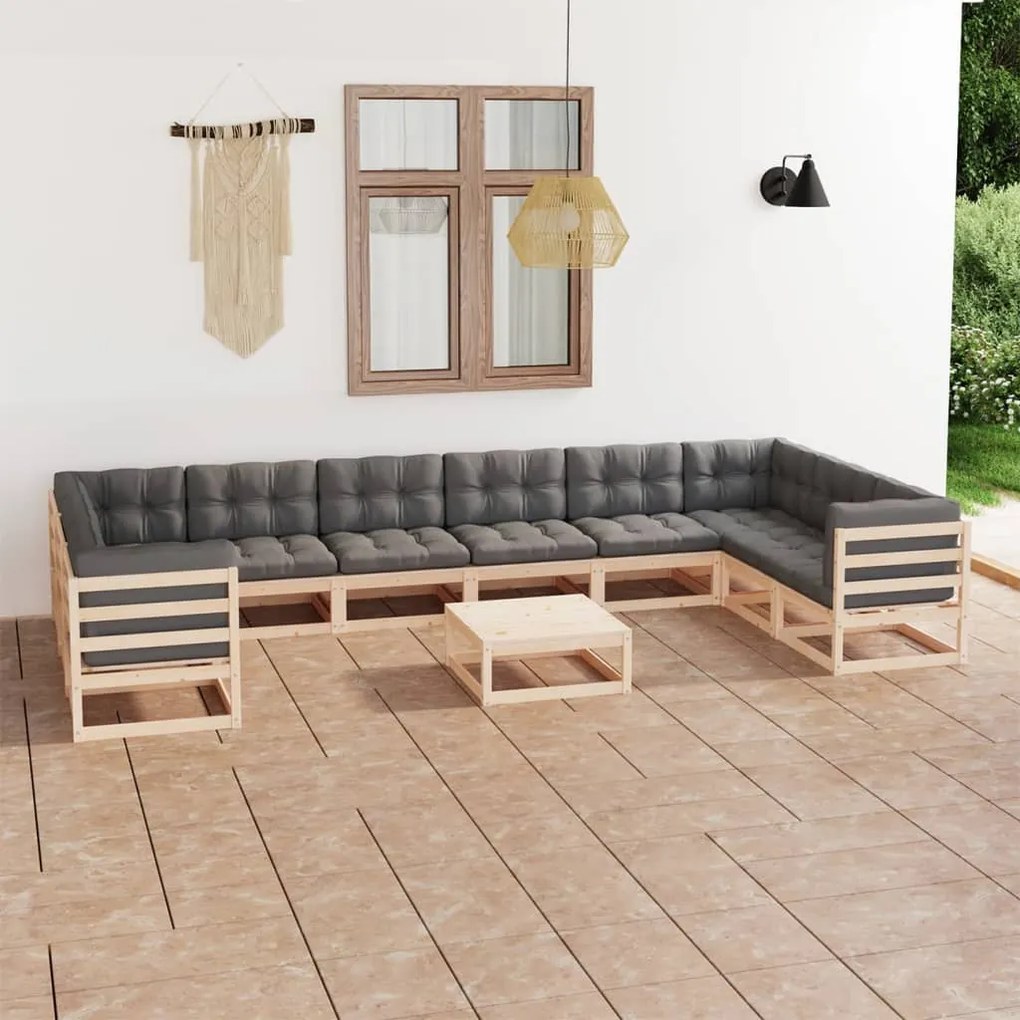 Set divani da giardino 11 pz con cuscini legno massello di pino