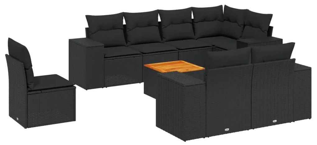 Set divani da giardino 9 pz con cuscini nero in polyrattan